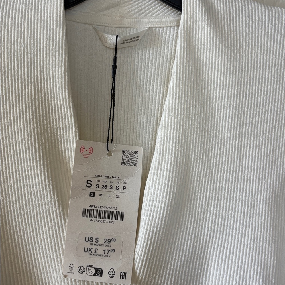 Zara Off-White Ribbed Deep V Long Sleeve Top - Picture 2 of 9